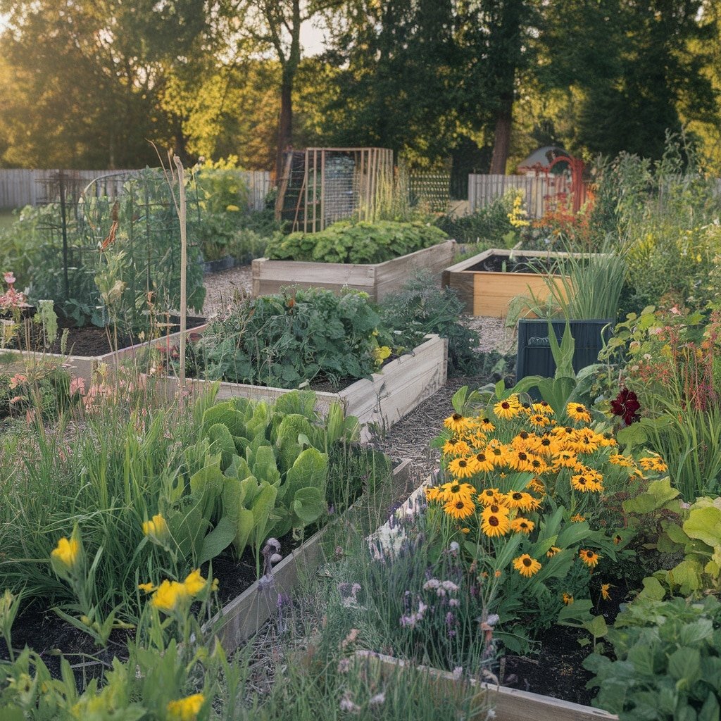 A vibrant and diverse garden filled with raised beds of vegetables, herbs, and colorful flowers.