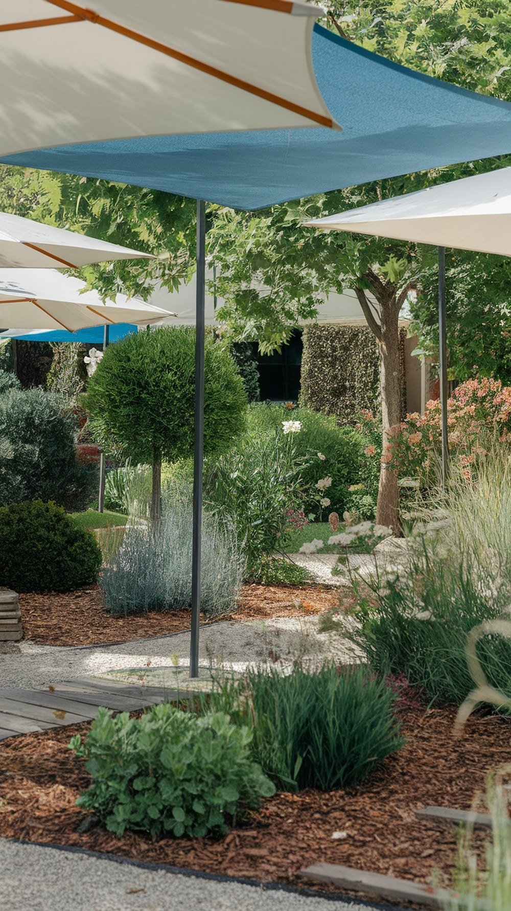 A garden with shade sails providing coverage over green plants and pathways.