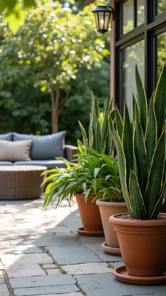 22 Stylish Snake Plant Ideas That Are Absolutely on Trend Right Now - 13. Outdoor Integration: Snake Plants on Patios
