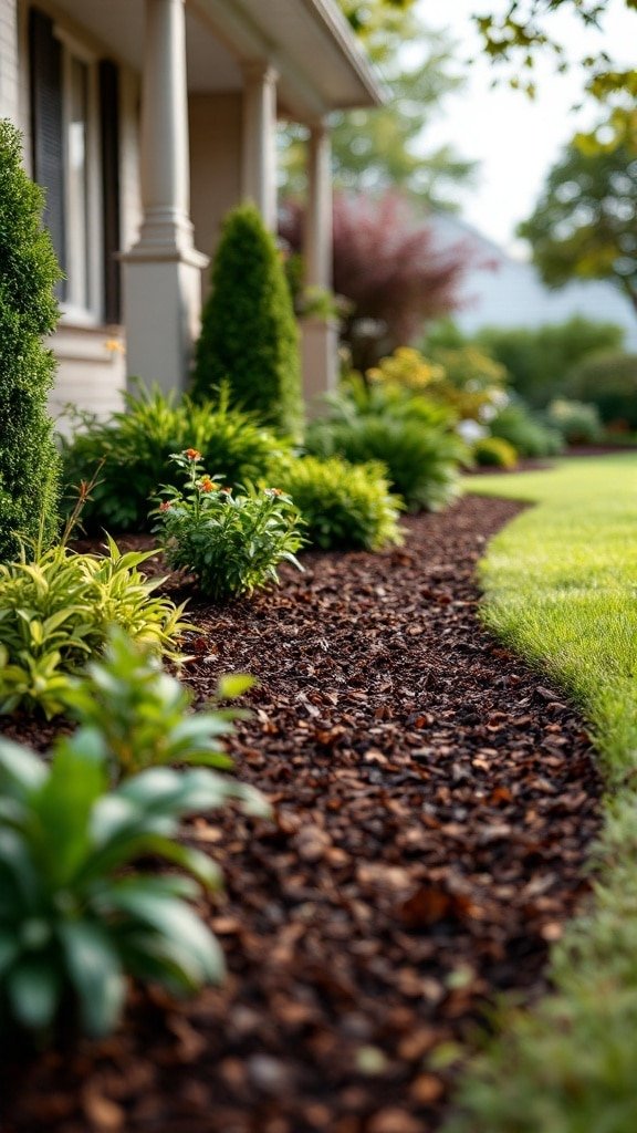 A well-mulched garden path with vibrant plants and shrubs