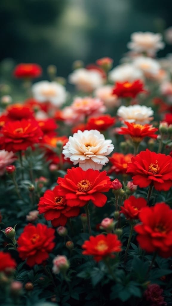 A flower bed featuring bright red and soft white flowers.