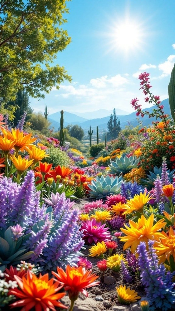 A vibrant flower bed featuring a variety of colorful flowers and succulents under a bright sunny sky.