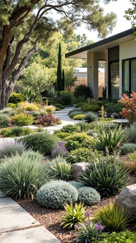 A drought-tolerant front yard landscape featuring various plants and pathways.