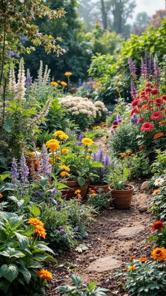 A beautiful garden path lined with colorful flowers and potted herbs.
