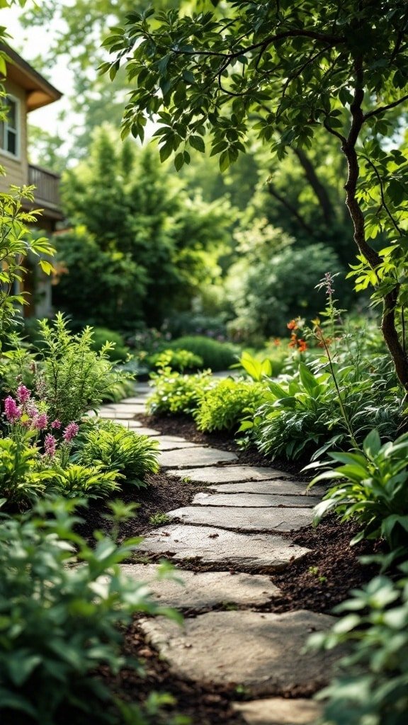 A lush front yard landscape featuring a stone pathway surrounded by vibrant greenery and flowers, ideal for edible landscaping.