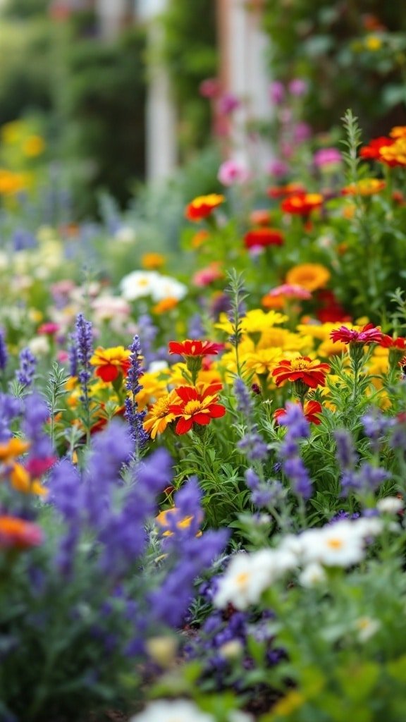 A colorful flower bed with red, yellow, and purple flowers, along with lavender herbs.