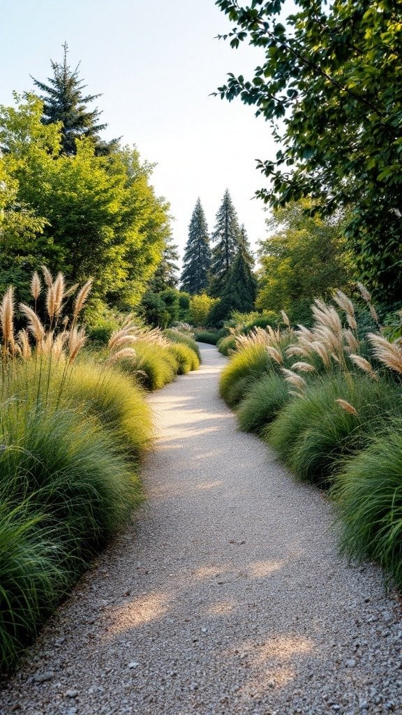 A serene gravel pathway surrounded by lush ornamental grasses in a well-maintained garden.