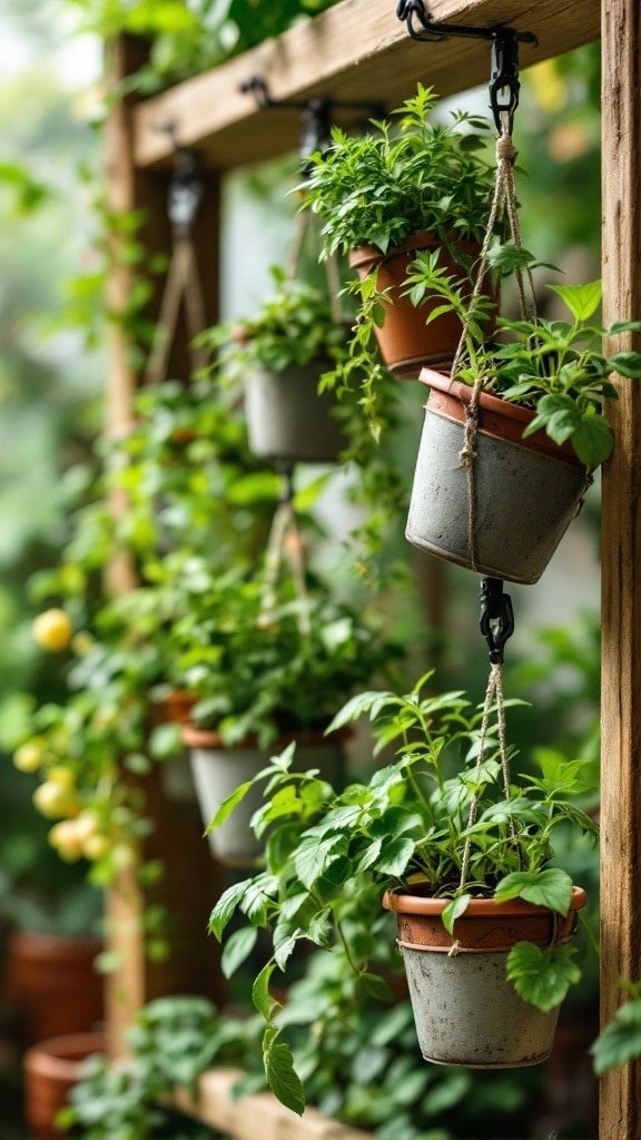 A hanging herb garden with various pots containing herbs such as basil and mint, suspended from a wooden structure.