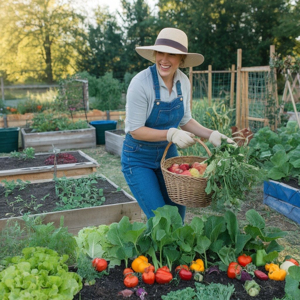 A gardener in a raised bed garden harvesting fresh vegetables in a basket.