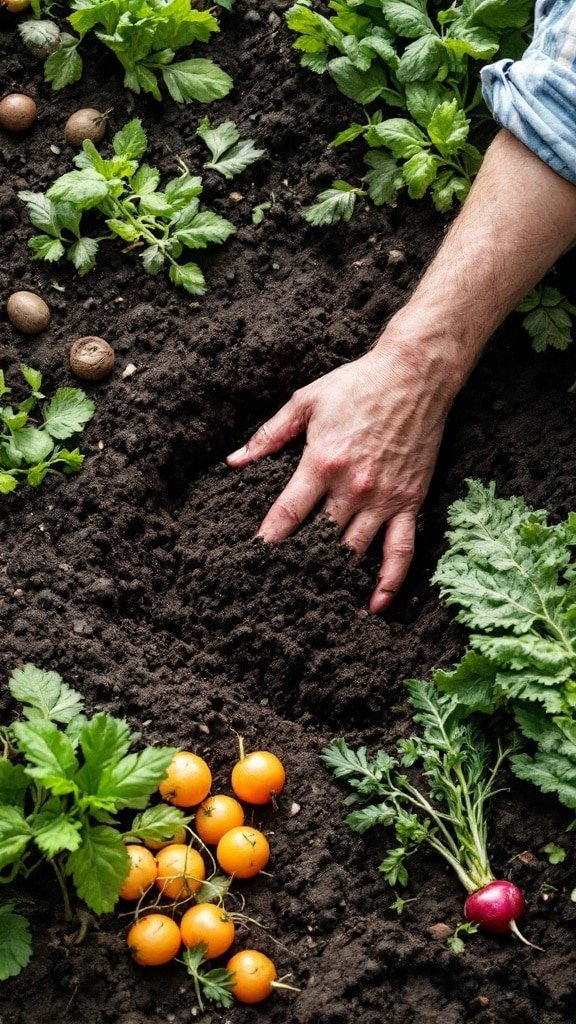A hand digging in soil among green plants and harvested vegetables.