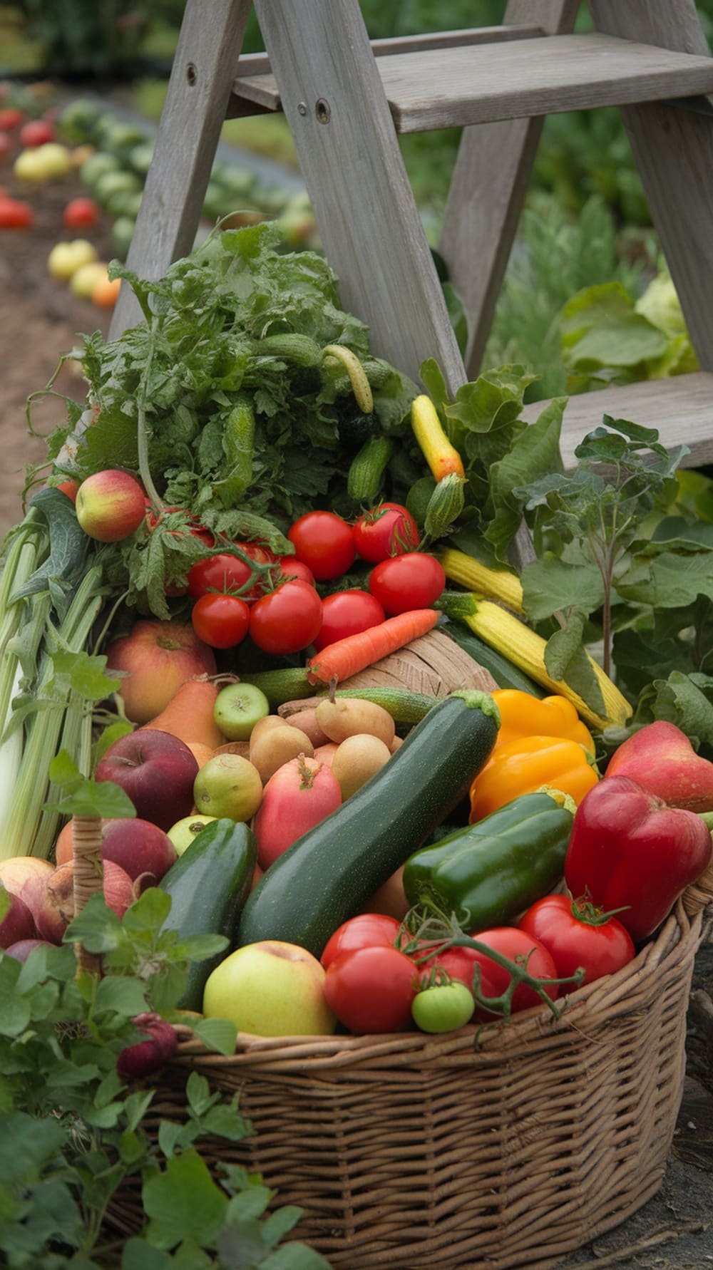 A basket filled with colorful fresh vegetables and fruits, including tomatoes, peppers, and zucchini, beside a wooden ladder in a garden.