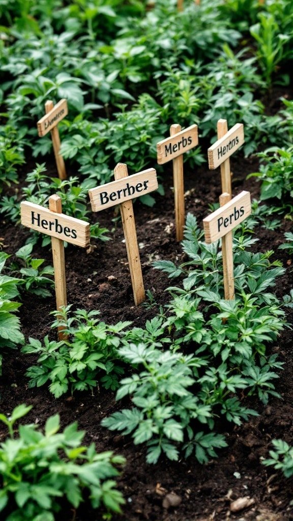 An organized herb garden layout with wooden signs marking different herbs.