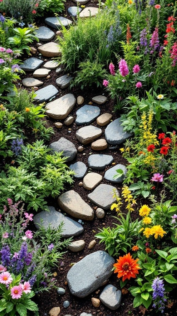 An herb spiral garden layout with a stone pathway surrounded by colorful flowers and lush greenery.