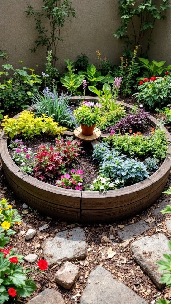 A circular herb garden layout with various plants and flowers arranged for aesthetic appeal.