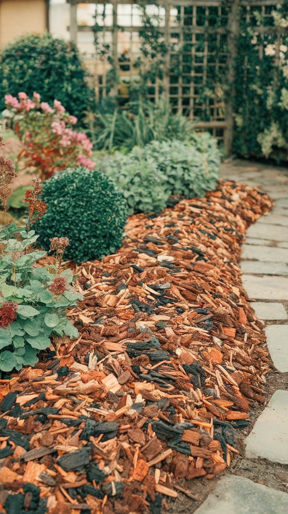 A well-mulched garden area with wood chips, surrounded by various plants and flowers.