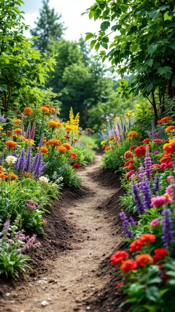 Vibrant no dig garden with colorful perennials lining a path.