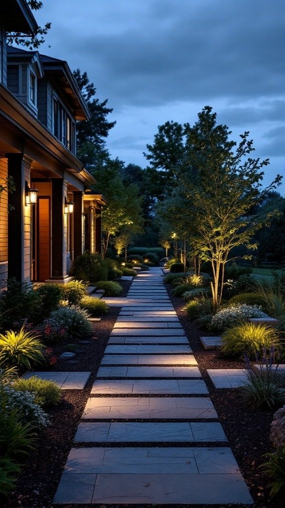 A beautifully landscaped front yard at night, featuring a stone pathway illuminated by integrated lighting and surrounded by greenery.
