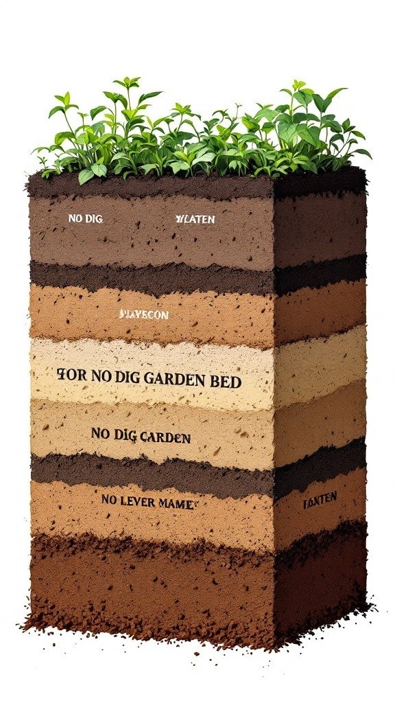 A diagram illustrating the layers of soil in a no dig garden bed, showing various materials used for healthy plant growth.