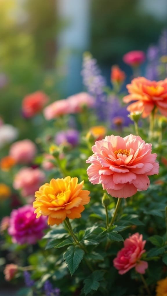 A colorful flower bed featuring vibrant blooms in shades of pink, orange, and purple.