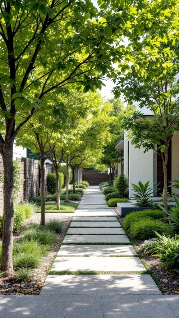 A clean, modern pathway lined with low-maintenance trees, showcasing a stylish front yard landscape design.