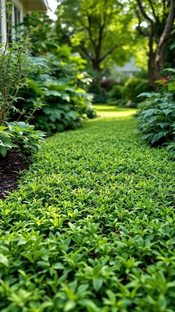 A lush green ground cover in a landscaped front yard, surrounded by various plants and trees.
