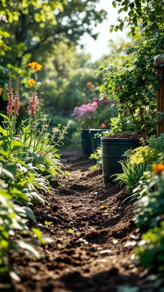 A garden path lined with colorful flowers and healthy plants, showcasing a no dig gardening approach.