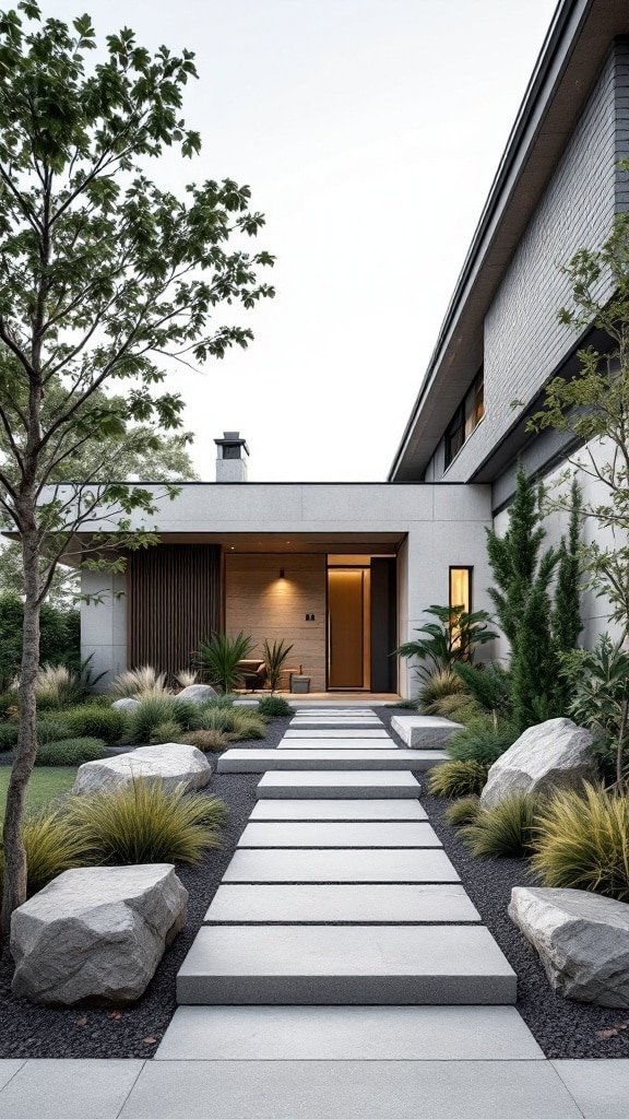 A modern minimalist front yard featuring stone pathways, large boulders, and low-maintenance plants.