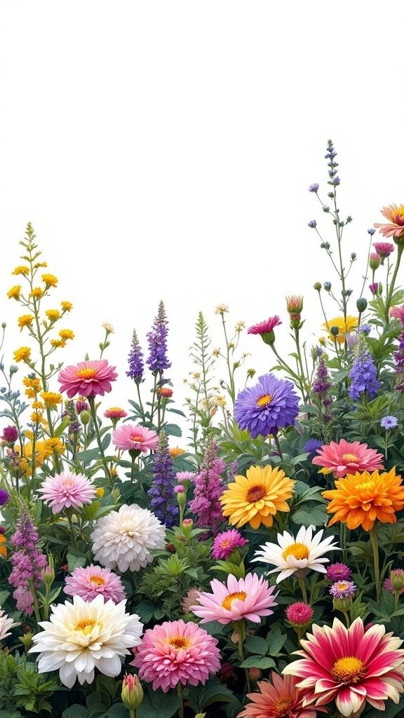 A colorful flower bed featuring a variety of flowers in different colors and textures.