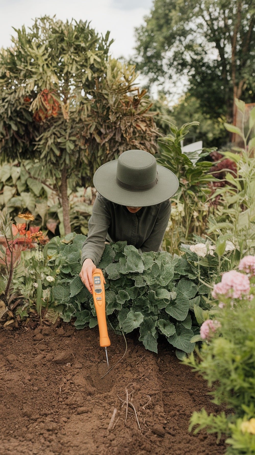 A person checking soil health with a soil tester in a garden.