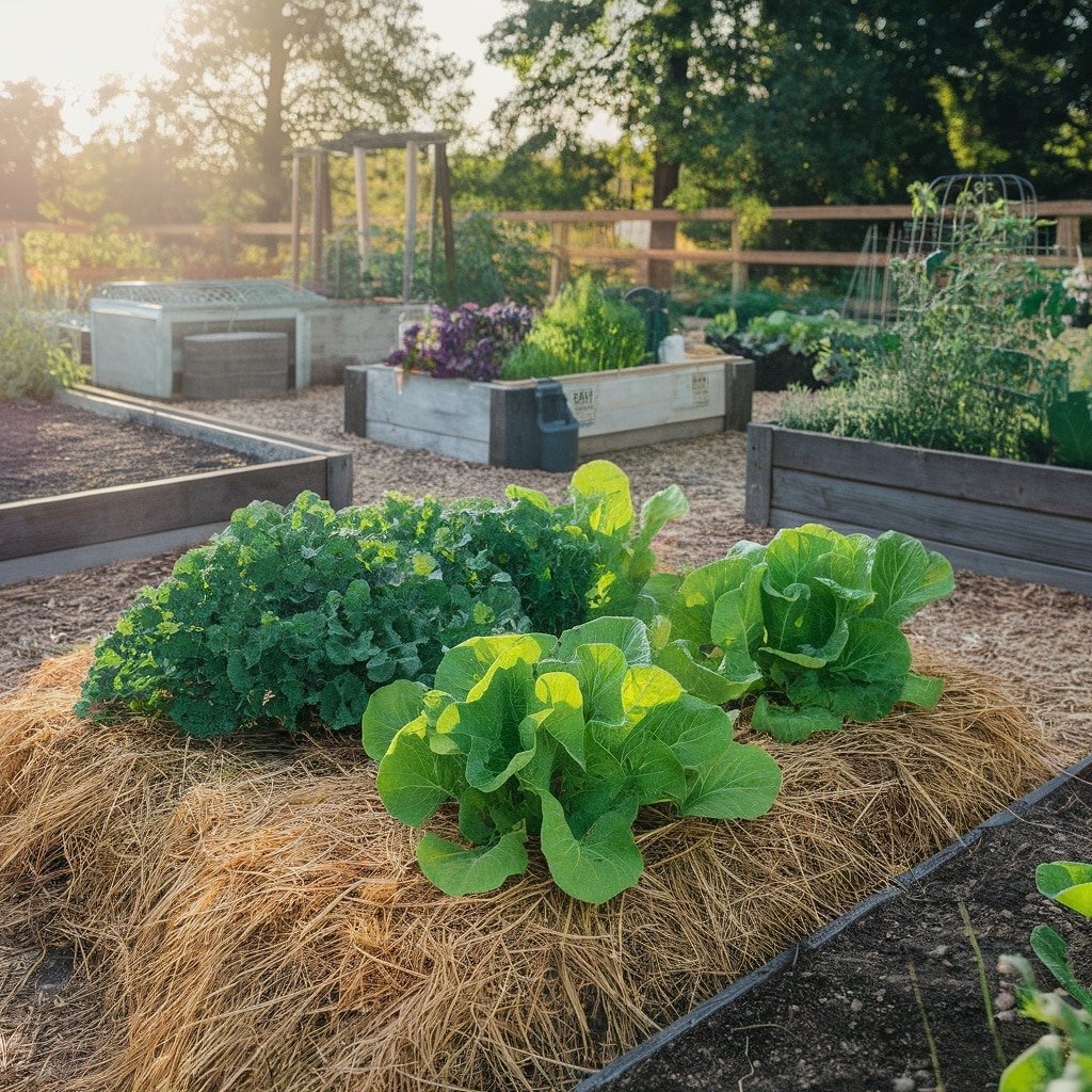 A vibrant vegetable garden with lettuce and kale covered in straw mulch under sunlight.