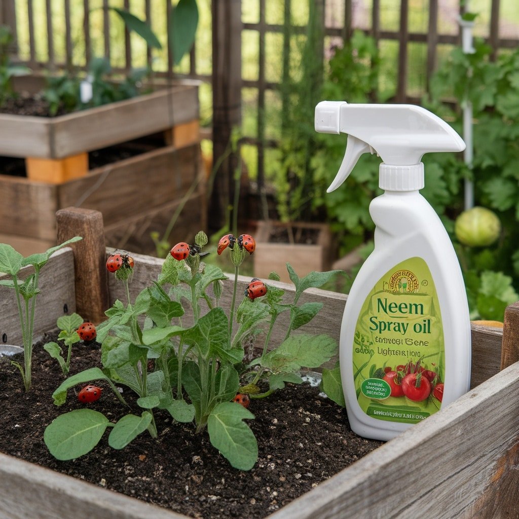 A bottle of neem spray oil beside young plants with ladybugs in a wooden raised bed garden.