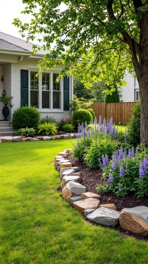 A front yard with natural stone edging surrounding colorful flowers and green grass.