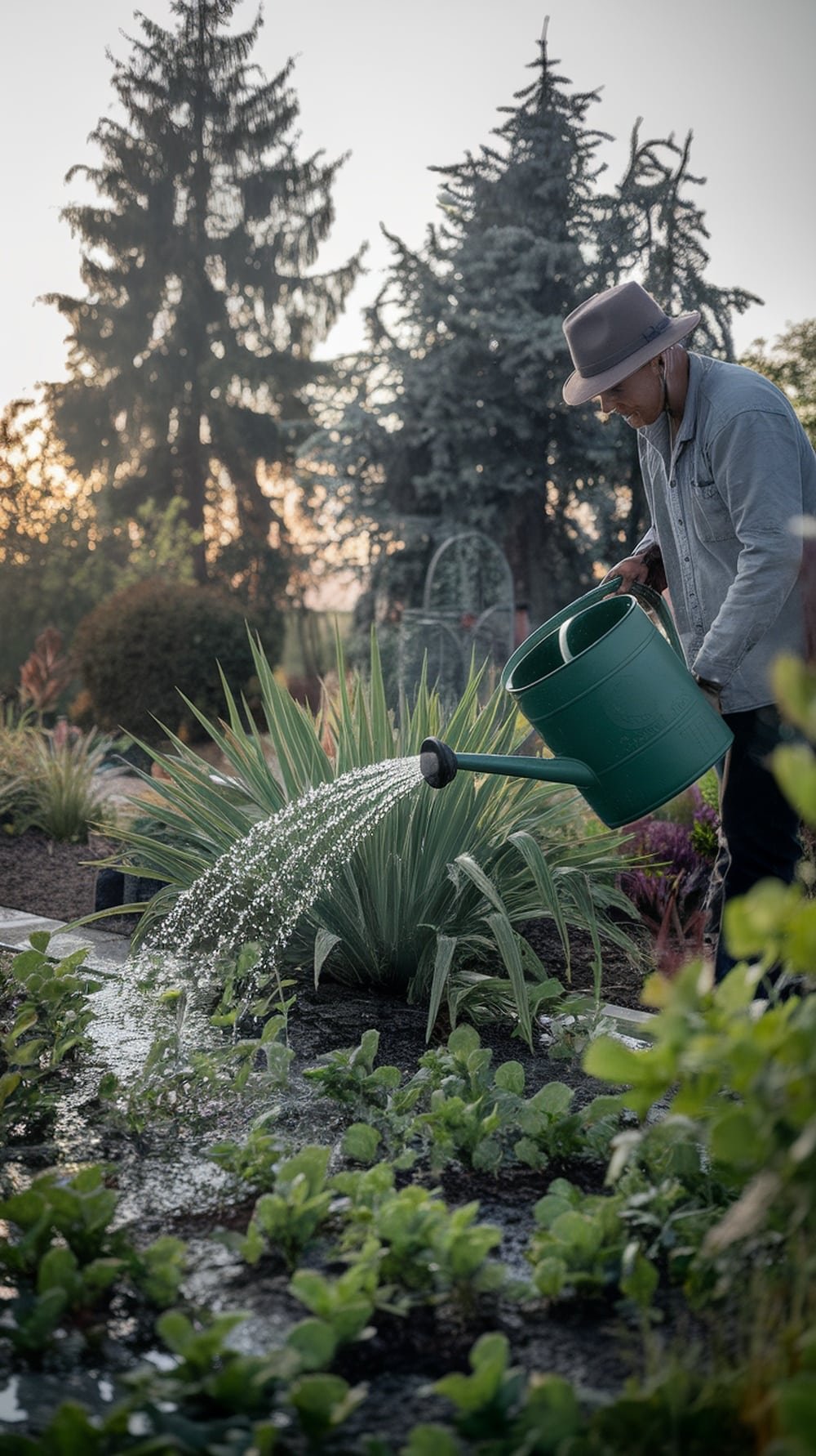 A gardener watering plants with a green watering can during a summer evening.