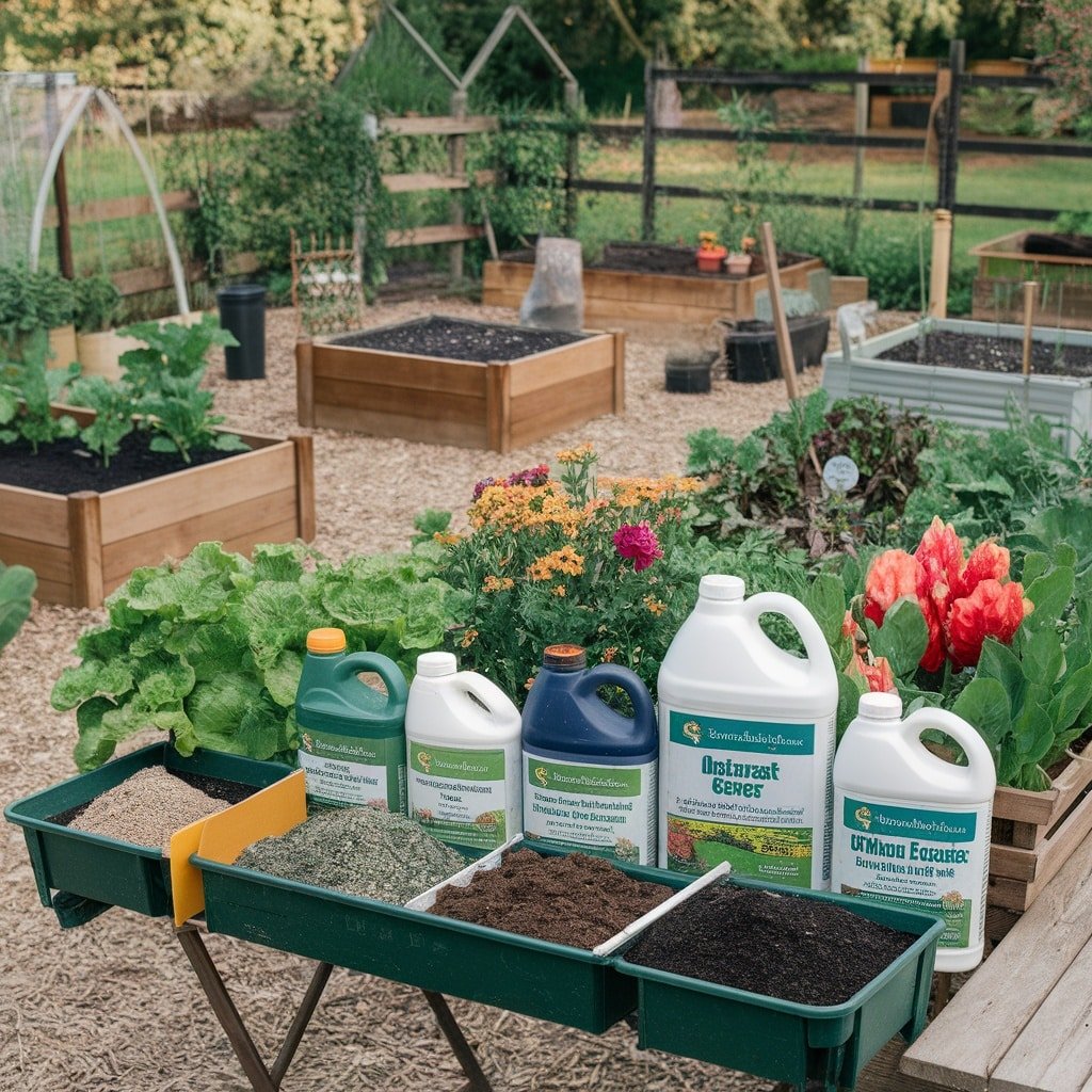 Various organic fertilizers and soil amendments in a garden setting