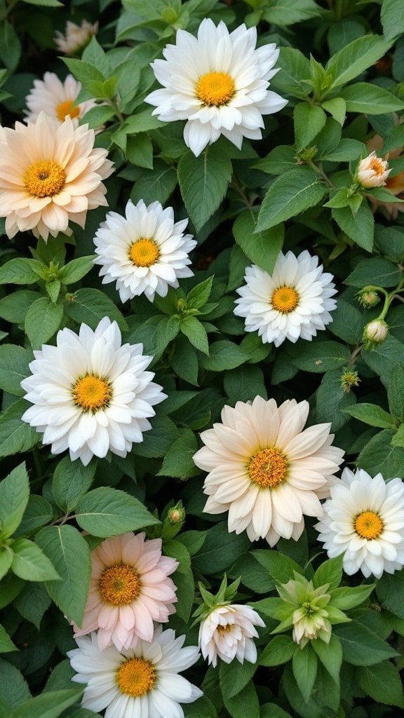 A flower bed with various pastel colored blooms like pink and white flowers surrounded by green leaves.