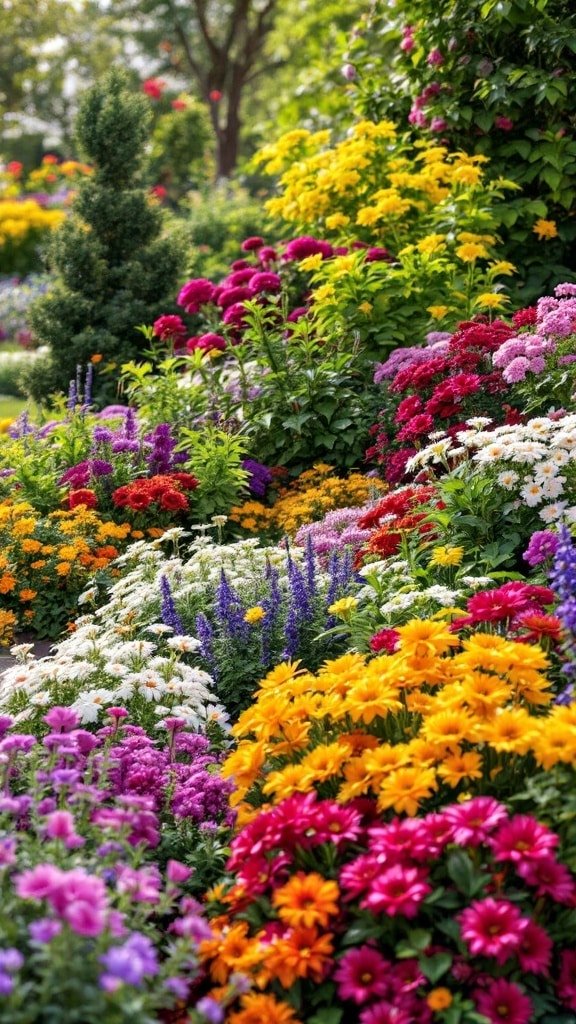A vibrant flower bed featuring a variety of colorful perennials in full bloom.