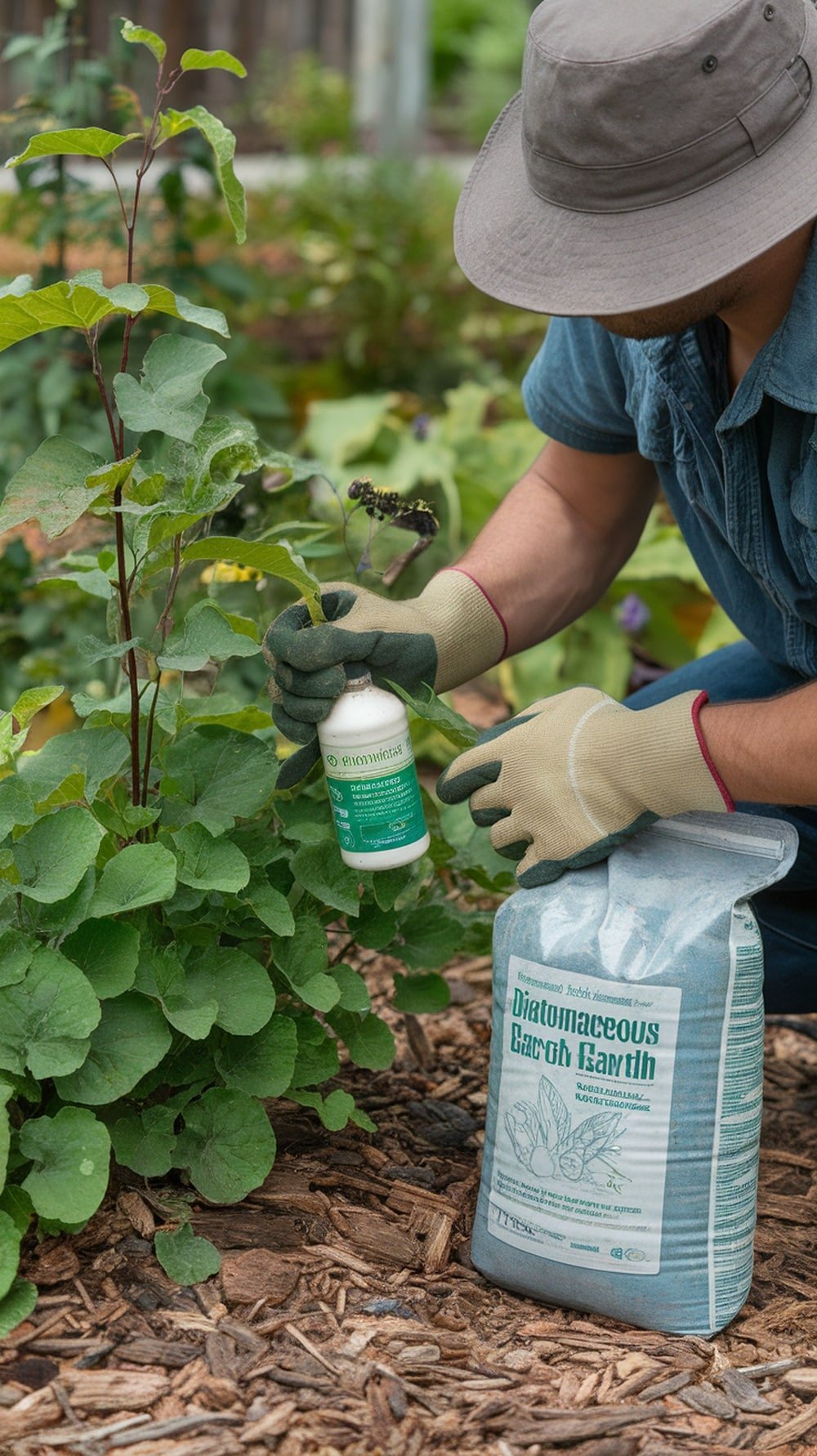 A gardener applying pest control in a garden during a heatwave.