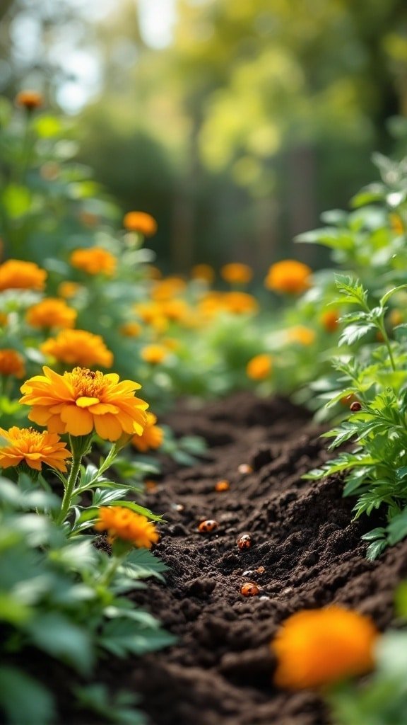 A no dig garden with marigolds and ladybugs in healthy soil