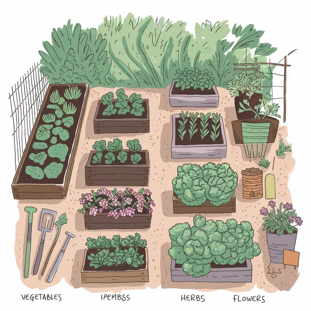 Illustration of a garden layout with raised beds filled with vegetables, herbs, and flowers.