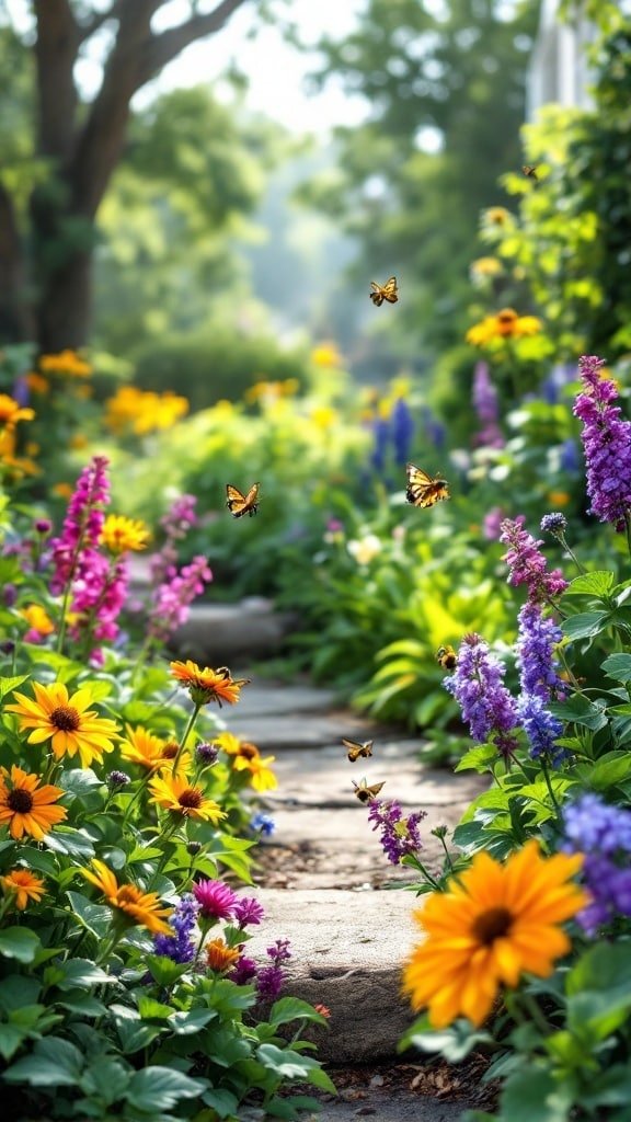 A colorful garden path lined with flowers and butterflies.