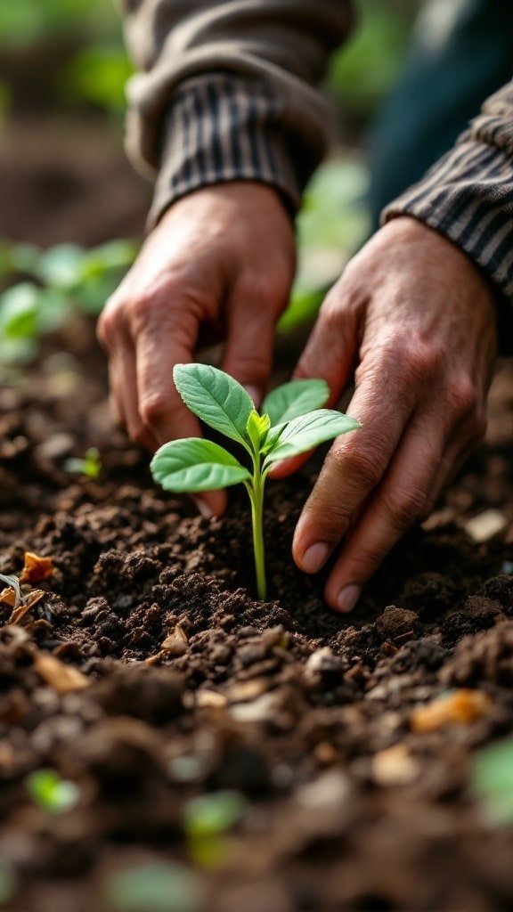 A person planting a small seedling in dark soil.