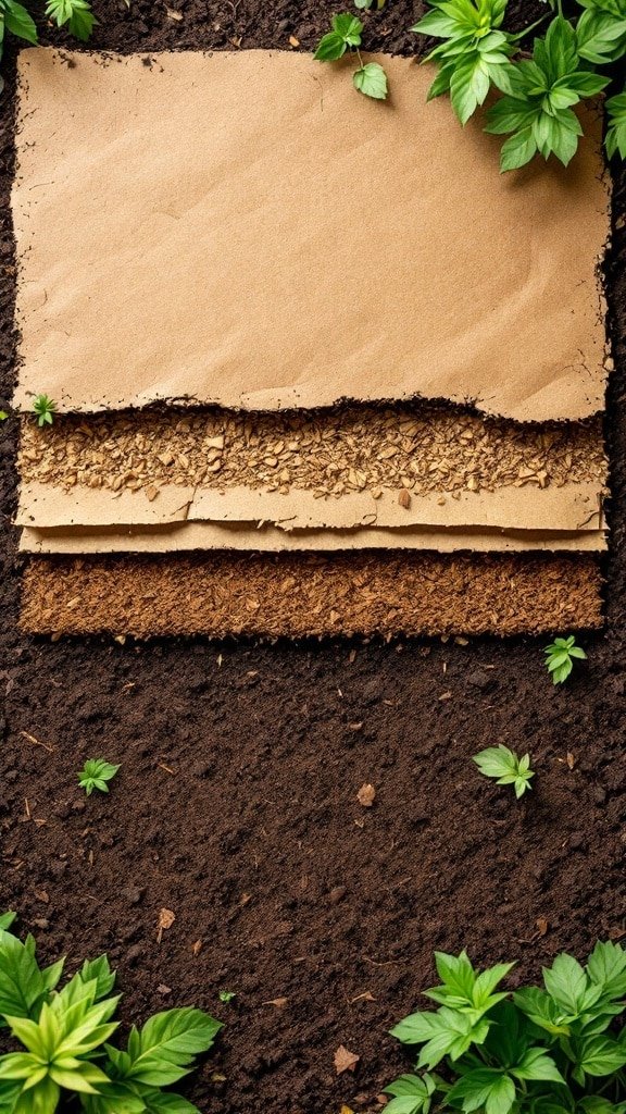 Layers of cardboard and mulch on soil with green plants around