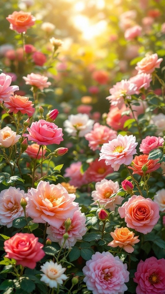 A vibrant flower bed with various shades of roses in full bloom, illuminated by sunlight.