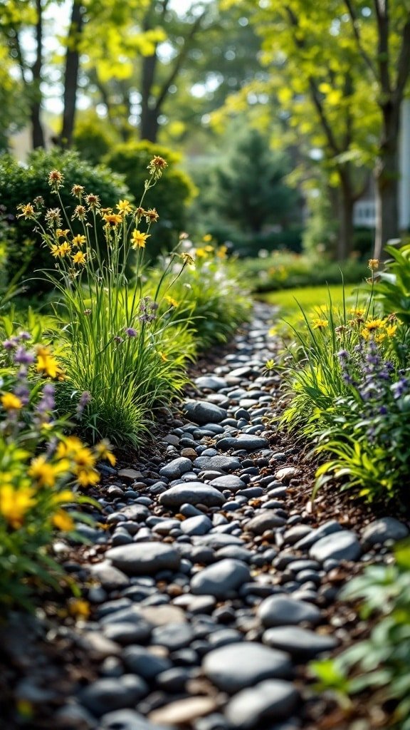 A beautiful rain garden pathway with flowers and smooth stones