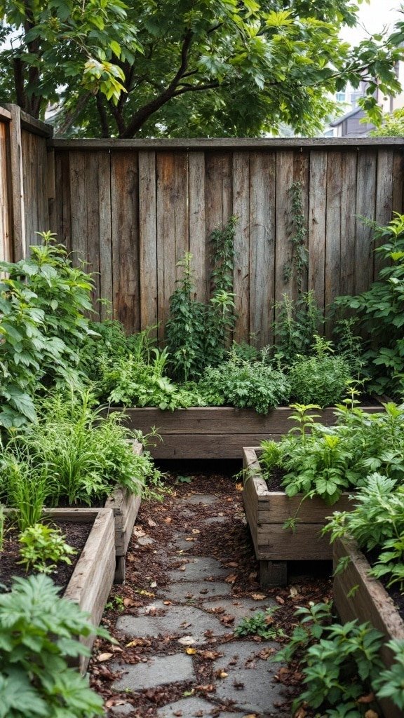 Raised planter boxes filled with various herbs surrounded by a stone path