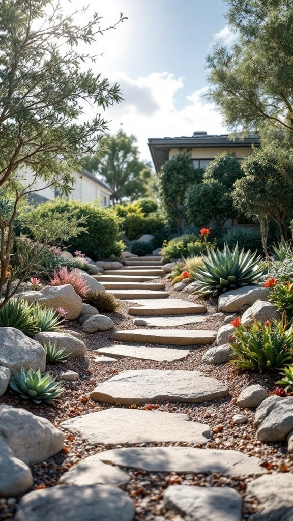 A rock garden featuring a pathway made of stones surrounded by native succulents and landscaped greenery.