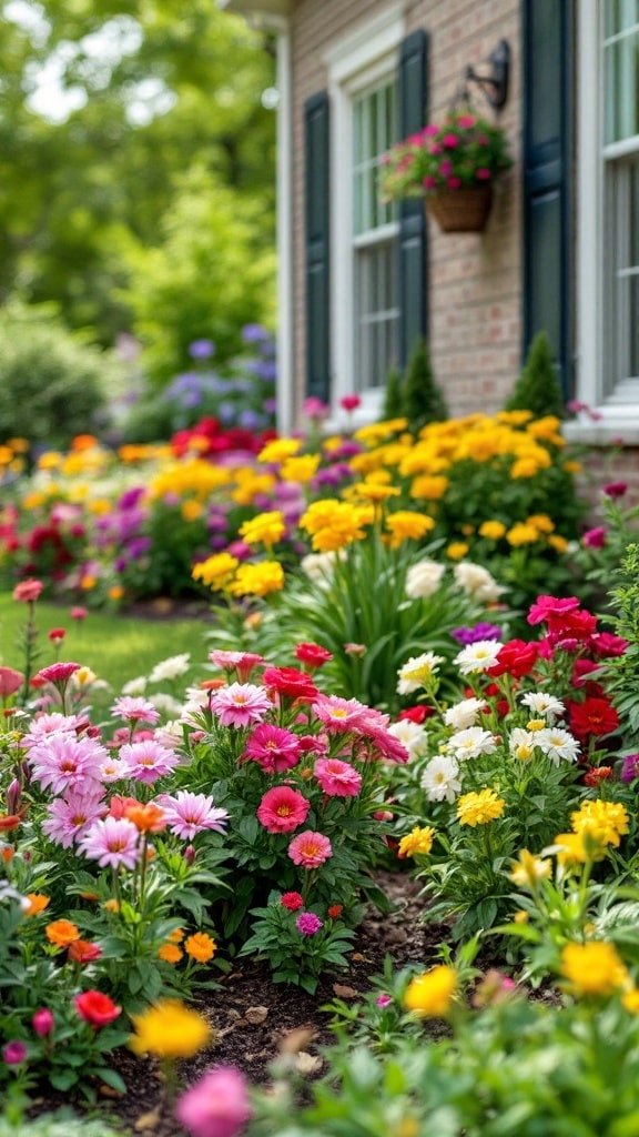 Colorful flowers in a front yard landscape with a brick house in the background