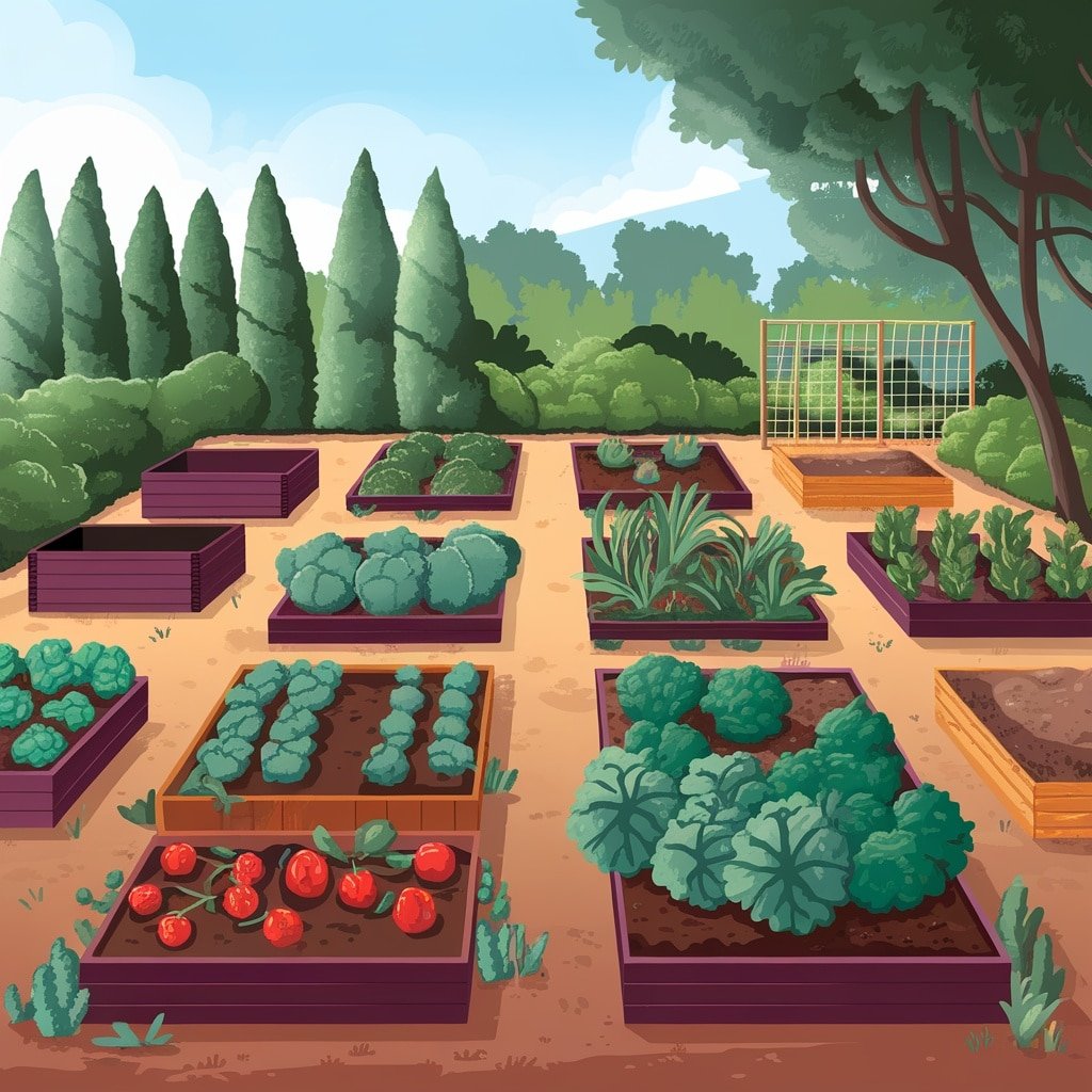 A colorful raised bed garden featuring various vegetables like tomatoes, kale, and broccoli under a bright sky.