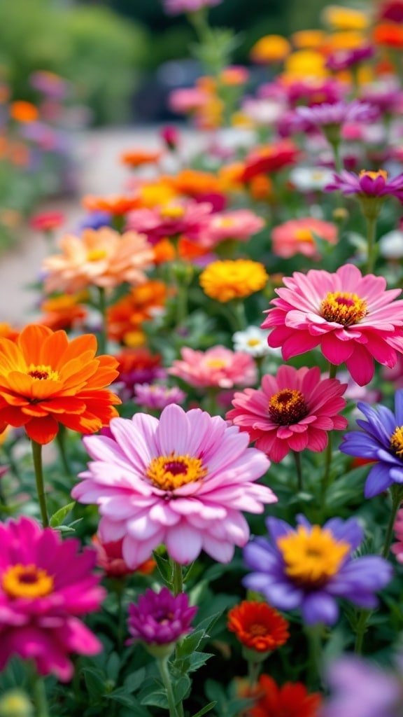 A vibrant flower bed filled with colorful flowers including pink, orange, and purple blooms.
