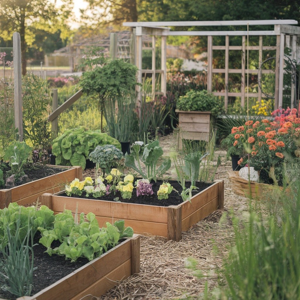 A vibrant raised bed garden with various vegetables and flowers, exemplifying organic gardening.